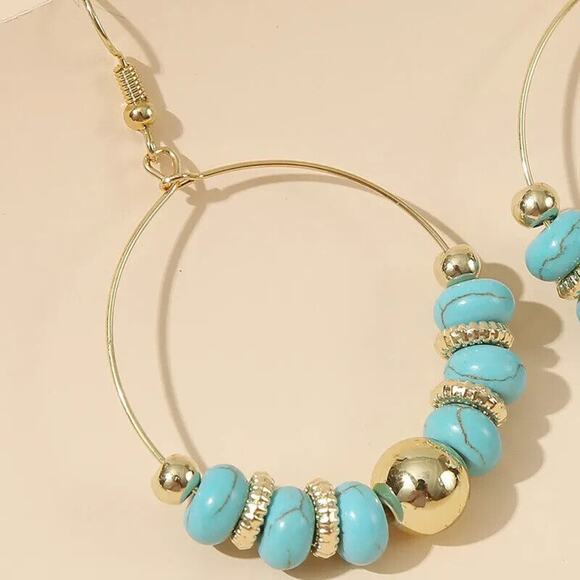 Blue Geometric Beaded Turquoise Stone Earrings Boho Hook Hoop Open Gold Tone - Picture 4 of 5